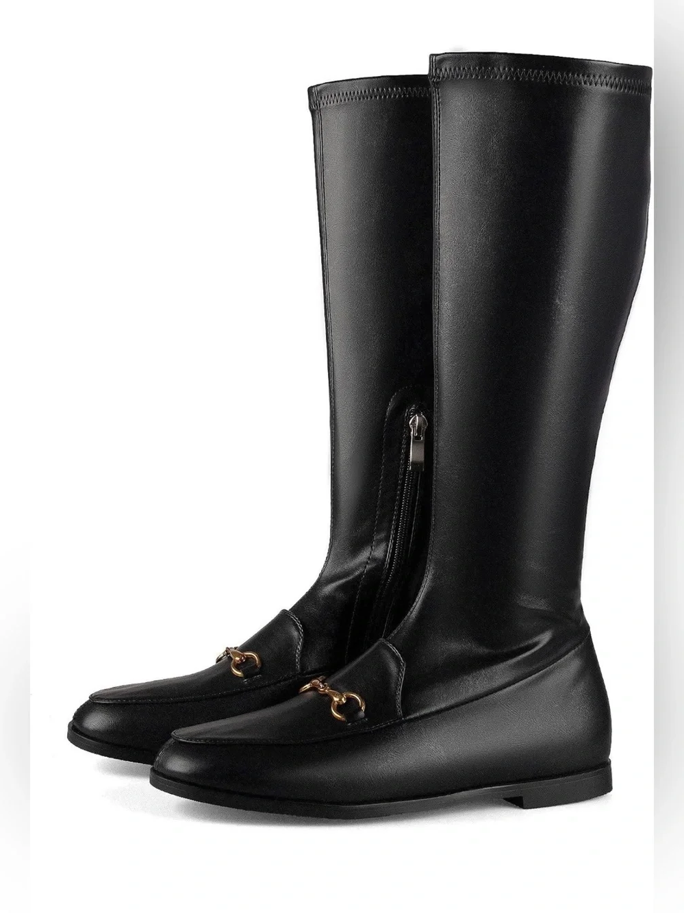 Knee High Boots for Women Almond Toe Buckle Boots Faux Leather Elastic Boot Side